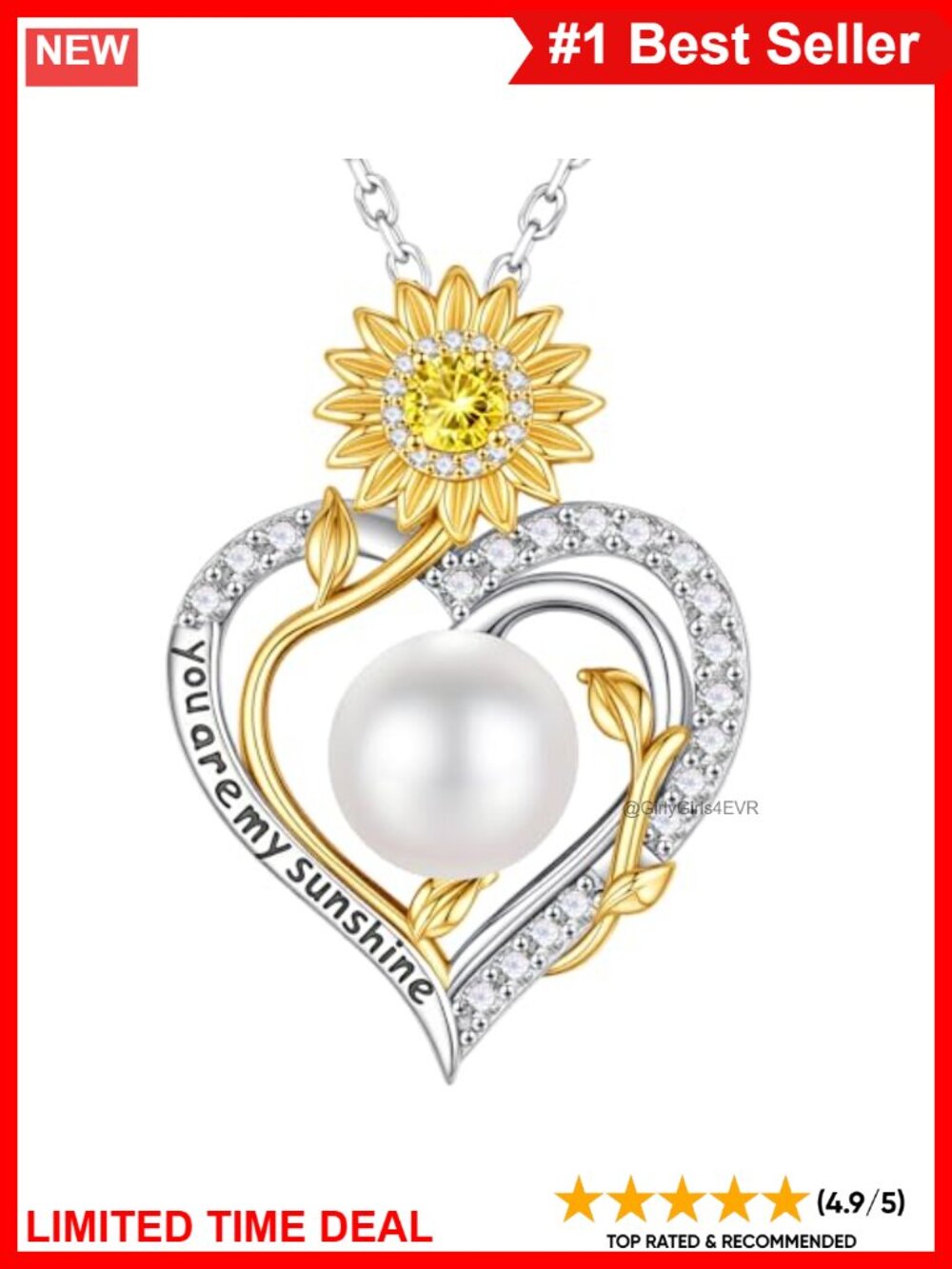 Sunflower Freshwater Pearl Pendant Necklace 925 Sterling Silver 19in